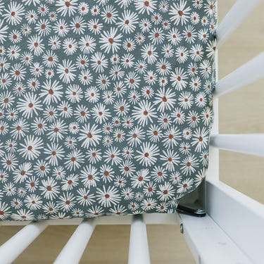 Dark Green Daisy Bamboo Stretch Crib Sheet - MOOGCO Baby