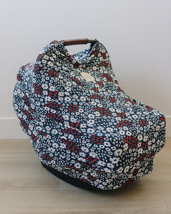 Americana Floral Ribbed Bamboo Multi-Use Cover in angle view, perfect for nursing, swaddling, or stroller shade.
