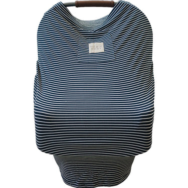 Navy stripes ribbed bamboo multi-use cover for baby, perfect for nursing, stroller, and car seat use.