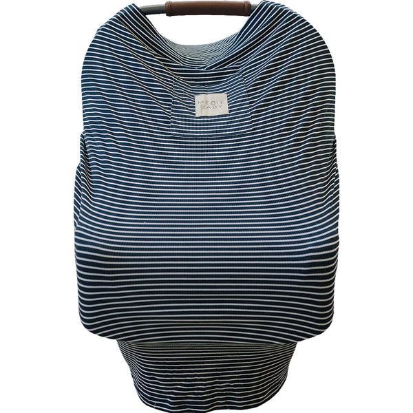 Navy stripes ribbed bamboo multi-use cover for baby, perfect for nursing, stroller, and car seat use.