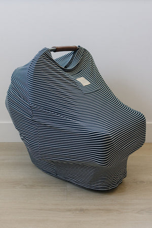Navy stripes ribbed bamboo multi-use cover for babies, perfect for nursing and stroller use. Angle 6 view.