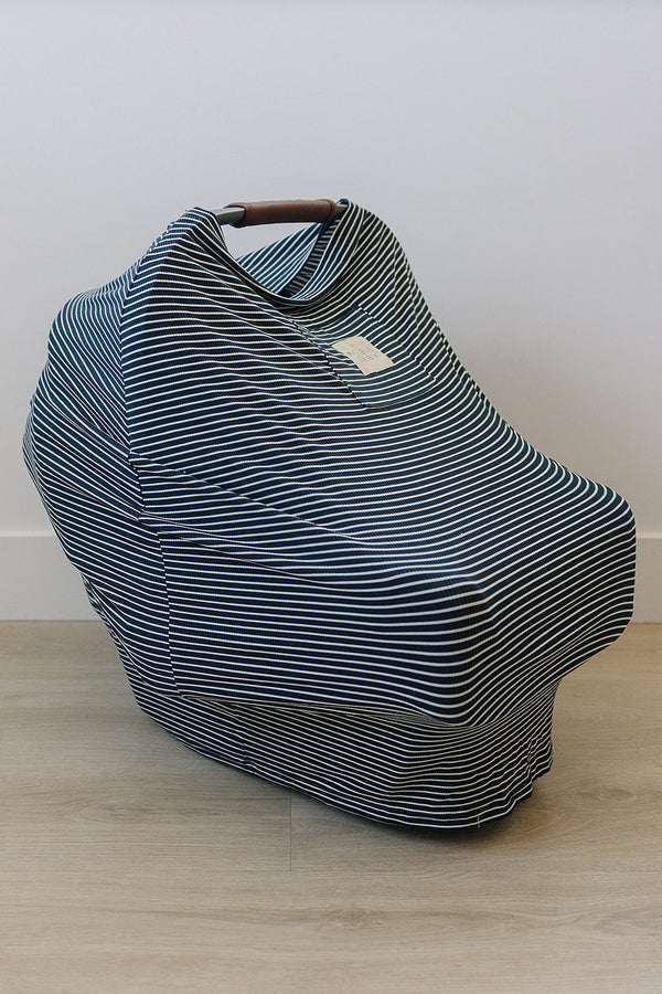 Navy stripes ribbed bamboo multi-use cover for babies, perfect for nursing and stroller use. Angle 6 view.
