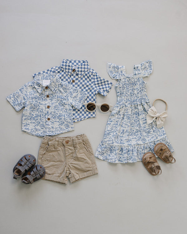 Blue Checkered Linen Button Up Shirt