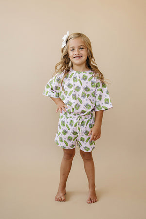 Baby shorts set featuring playful pickles design, angle view showcasing vibrant colors and comfortable fit.