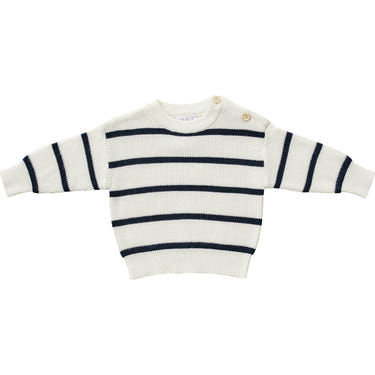 Navy stripe knit sweater for babies, perfect for nursery decor and cozy outfits.