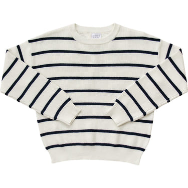 Navy stripe adult knit sweater for cozy family moments and playtime fun.