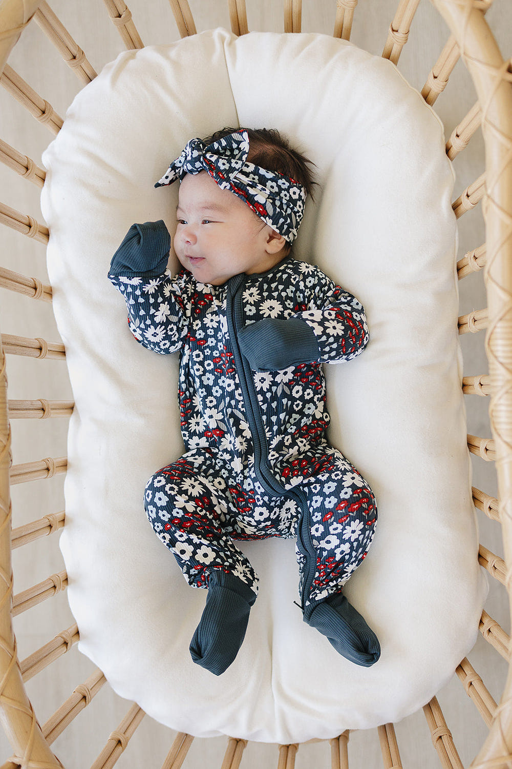 Americana Floral Ribbed Bamboo Zipper Pajamas for babies, featuring a stylish and comfortable design.