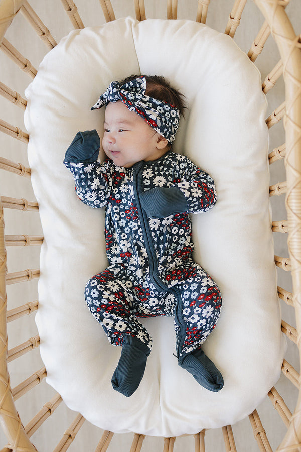 Americana Floral Ribbed Bamboo Zipper Pajamas for babies, showcasing a stylish design from angle 2.