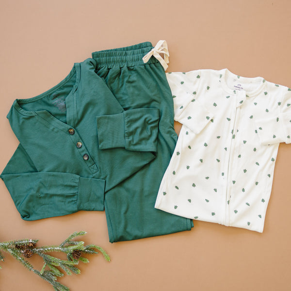 Tiny Trees Ribbed Bamboo Zippy Pajamas for babies, soft and cozy sleepwear in a stylish angle view.