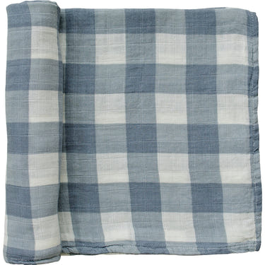 Dusty blue gingham muslin swaddle blanket for babies, perfect for cozy and stylish swaddling.