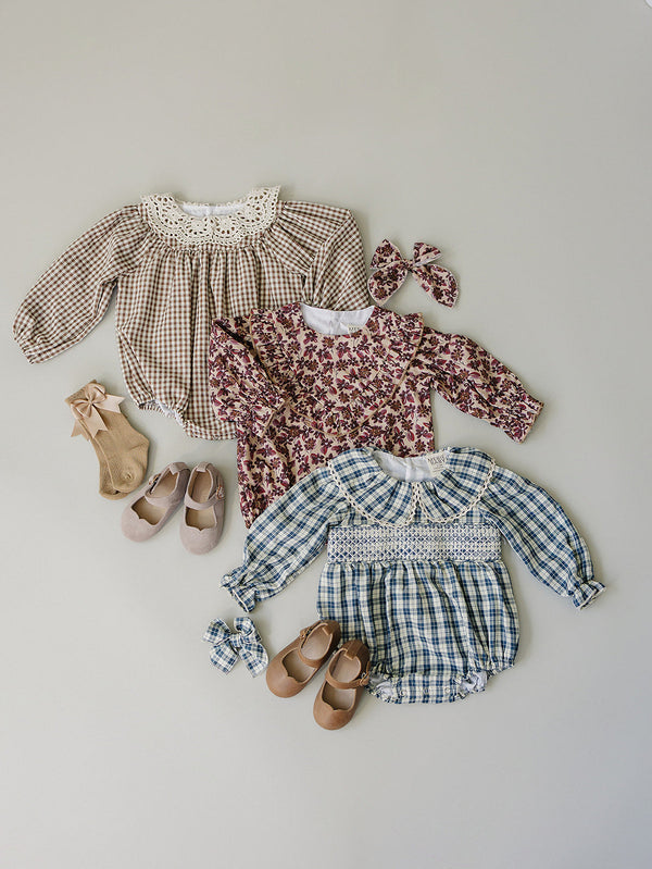 Camel Gingham Lace Bubble Romper