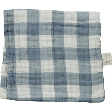 Dusty blue gingham muslin burp cloth for babies, soft and stylish, perfect for feeding and drooling.