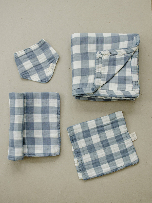 Mebie Baby Dusty Blue Gingham Muslin Swaddle Blanket 47x47