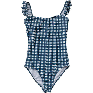 Navy gingham women's one-piece for mommy & me matching outfits, perfect for stylish family outings.