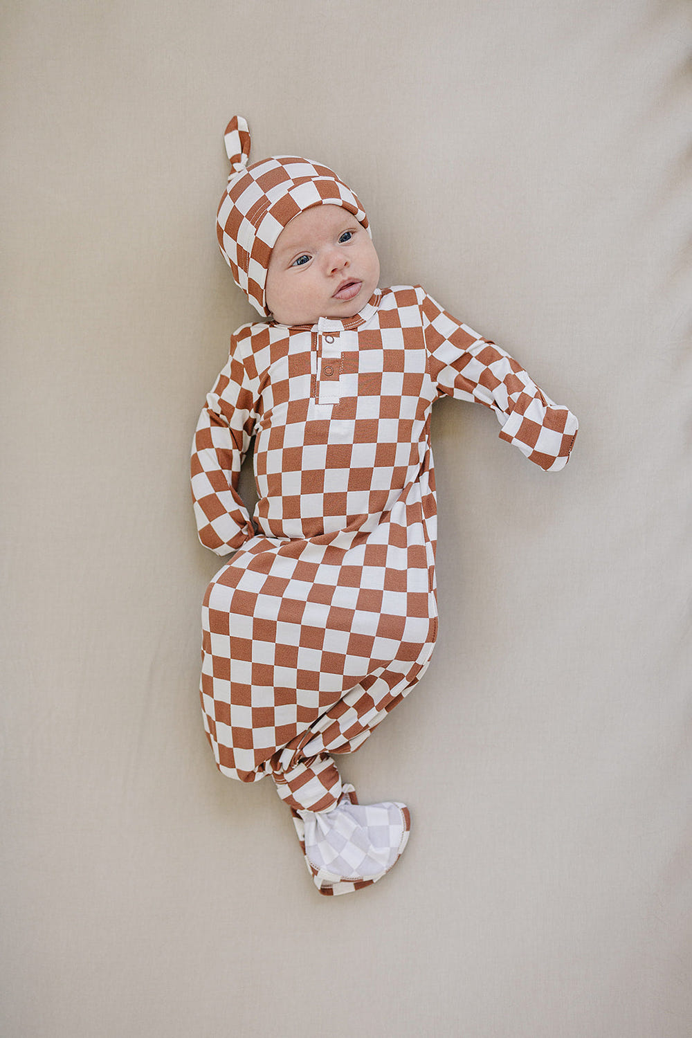Rust Checkered Bamboo Knot Gown - MOOGCO Baby