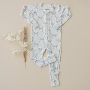 Blue Belle Ribbed Bamboo Zippy Pajamas for babies, angle view showcasing soft fabric and stylish design.