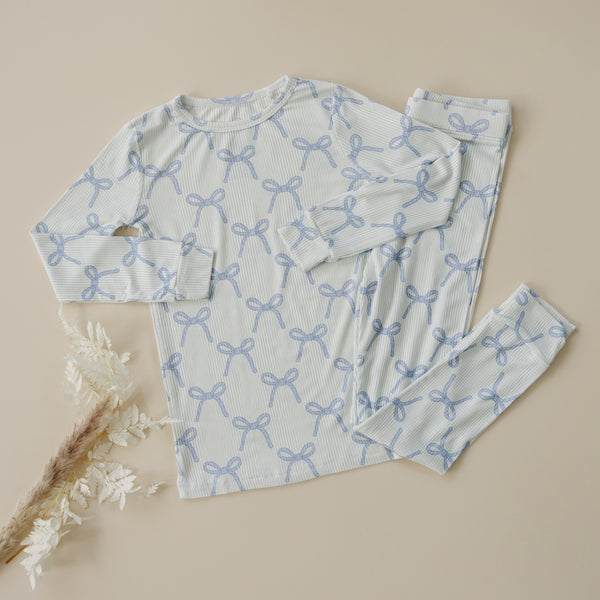 Blue Belle 2pc ribbed bamboo pajamas for babies, cozy and stylish sleepsuit in soft blue, angle view.
