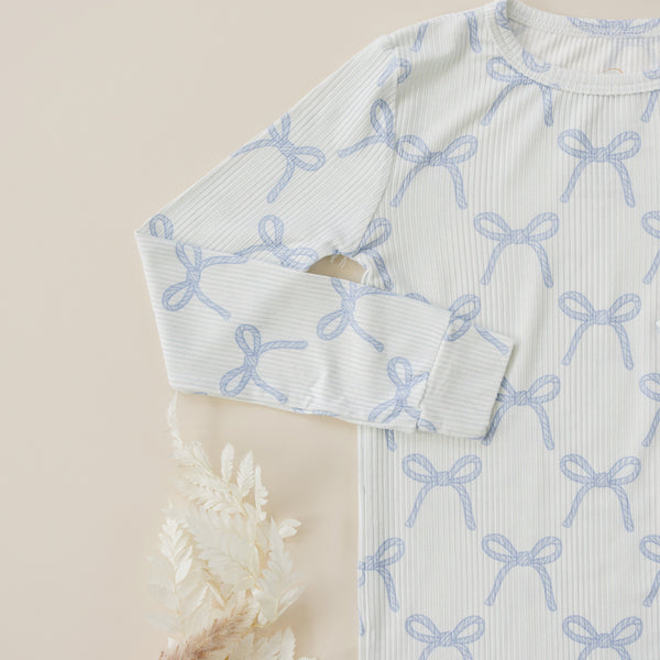 Blue Belle 2pc Ribbed Bamboo Pajamas for babies, cozy and stylish sleepsuit in soft blue, angle view.