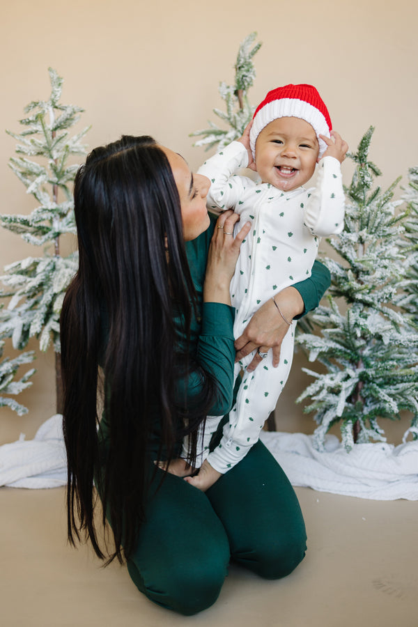 Tiny Trees Ribbed Bamboo Zippy Pajamas for babies, cozy and stylish sleepwear, angled view showcasing soft fabric.