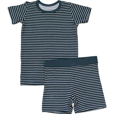 Navy stripes ribbed bamboo cozy short set for babies, perfect for bedding and sleep comfort.