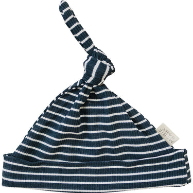 Navy stripes ribbed bamboo newborn knot hat for comfortable sleep and stylish bedding.