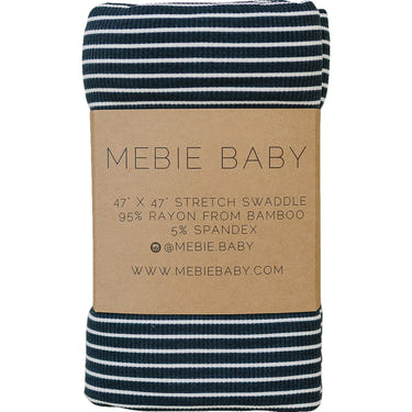 Navy stripes ribbed bamboo stretch swaddle for babies, perfect for comfortable sleep and cozy bedding.