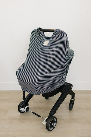 Navy stripes ribbed bamboo multi-use cover for babies, shown from angle 2, perfect for nursing and stroller use.
