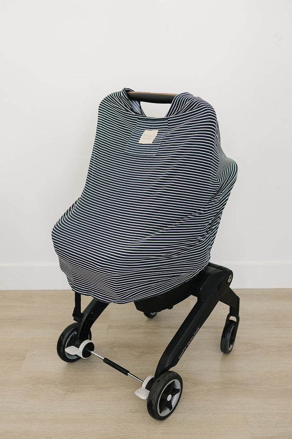 Navy stripes ribbed bamboo multi-use cover for babies, shown from angle 2, perfect for nursing and stroller use.