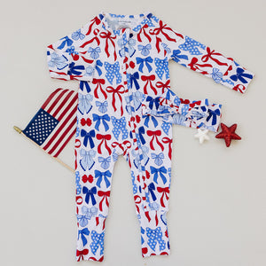Bamboo Zip Romper  | Red-White & Bows