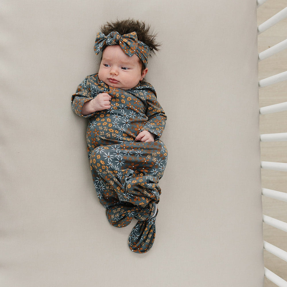 Navy Floral Bamboo Knot Gown - MOOGCO Baby