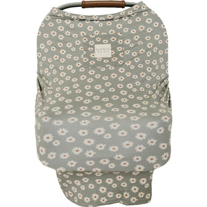 Light green daisy bamboo multi-use cover for babies, perfect for nursing, stroller, and car seat use.