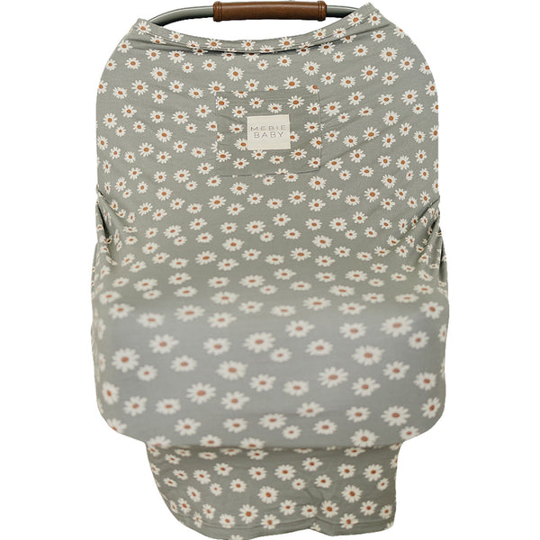 Light green daisy bamboo multi-use cover for babies, perfect for nursing, stroller, and car seat use.