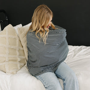 Navy stripes ribbed bamboo multi-use cover for babies, versatile and stylish, shown from angle 4.