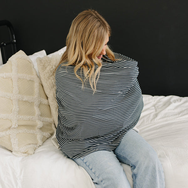 Navy stripes ribbed bamboo multi-use cover for babies, versatile and stylish, shown from angle 4.