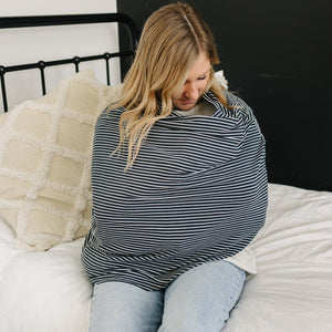 Navy stripes ribbed bamboo multi-use cover for babies, versatile and stylish, shown from angle 5.