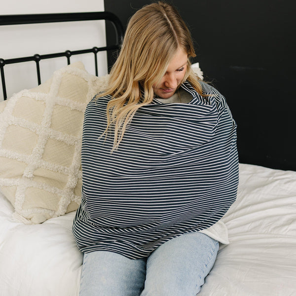 Navy stripes ribbed bamboo multi-use cover for babies, versatile and stylish, shown from angle 5.