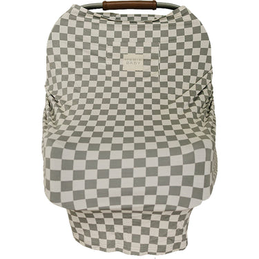 Light green checkered bamboo multi-use cover for babies, perfect for nursing, stroller, and car seat use.