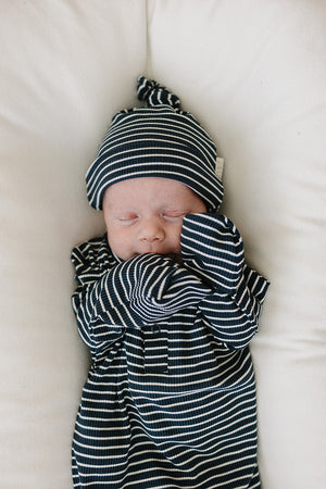 Navy Stripes Ribbed Bamboo Newborn Knot Hat