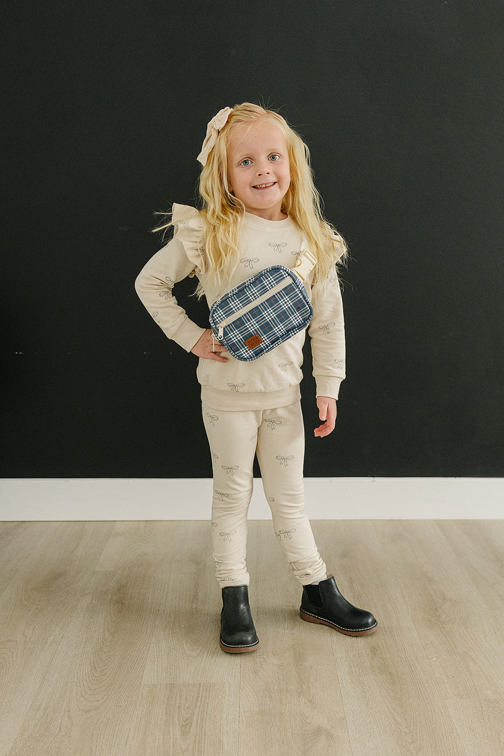 Navy plaid mini fanny pack for babies, stylish and practical accessory for little ones.