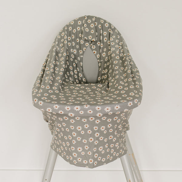 Light green daisy bamboo multi-use cover for babies, shown at angle 5, perfect for nursing and stroller use.