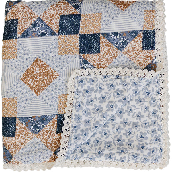 Patchwork Print and Blue Blossom Lace Muslin Quilt for babies, perfect for bedding and sleep.