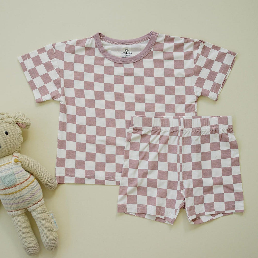 Tropical Haze Check 2pc Bamboo Lounge Set for babies, featuring soft, breathable fabric in a stylish design.