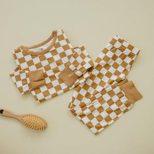 Golden Coast Check 2pc Bamboo Pajamas for babies, cozy and stylish sleepsuit set, angle view.