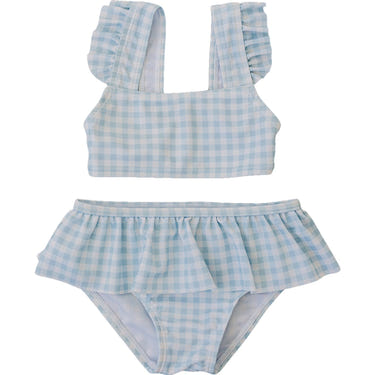 Light blue gingham ruffle bikini set for babies, perfect for summer fun and nursery decor.