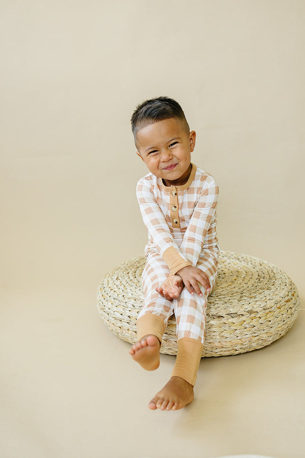 Golden Gingham 2pc Henley Bamboo Pajamas - Sizes Newborn & Up