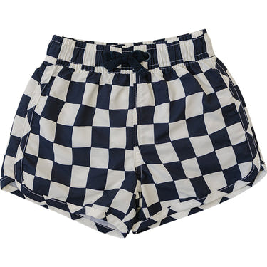 Wavy checkered swim shorts for babies, perfect for summer fun and beach days.