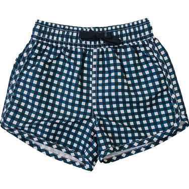 Navy gingham swim shorts for babies, stylish and comfortable beachwear for summer fun.