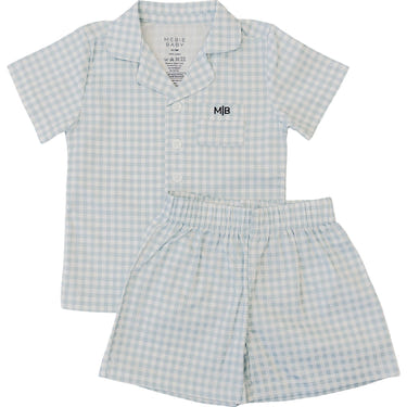 Light blue gingham short pajama set for babies, perfect for comfortable sleep and cozy nights.