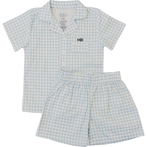 Light blue gingham short pajama set for babies, perfect for comfortable sleep and cozy nights.