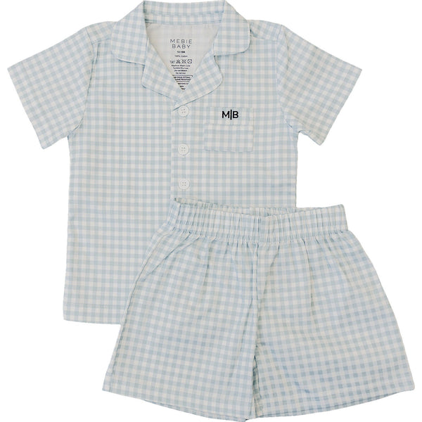Light blue gingham short pajama set for babies, perfect for comfortable sleep and cozy nights.